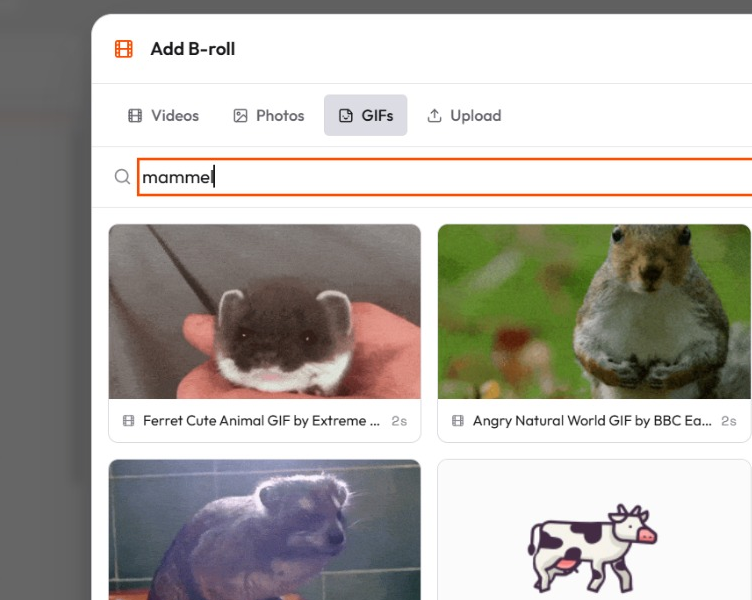 The Add B-roll picker searching GIFs powered by GIPHY