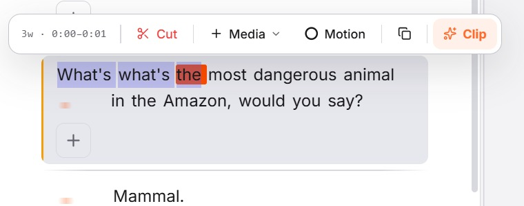 A selection toolbar with Cut, Media, Motion and Clip actions floating above highlighted transcript text